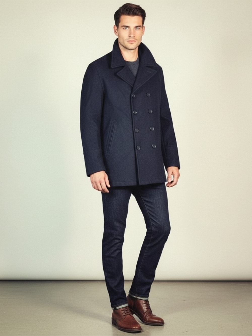 Michael Kors Mens Large Classic Fit Double Breasted Peacoat Wool Blend Coat